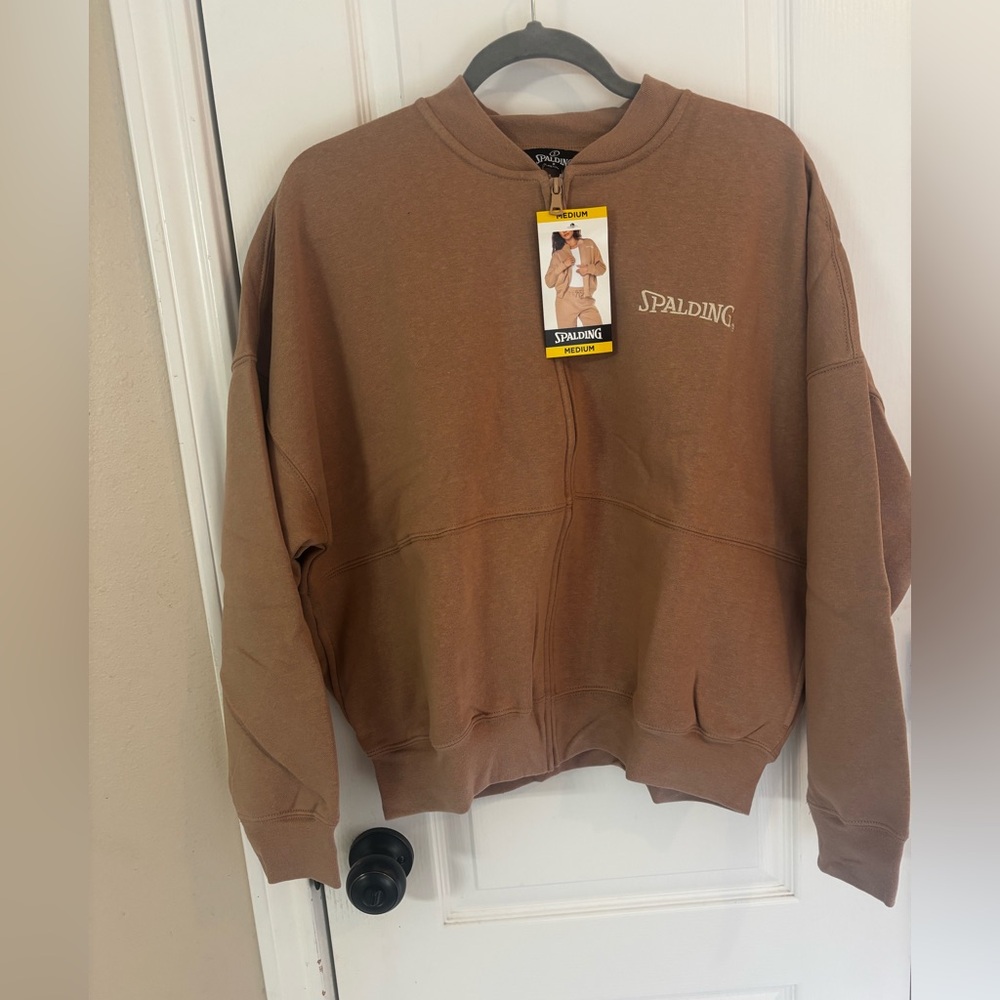 NWT Spalding Women’s M Taupe Crewneck Fleece Lined Bomber Oversized Sweatshirt